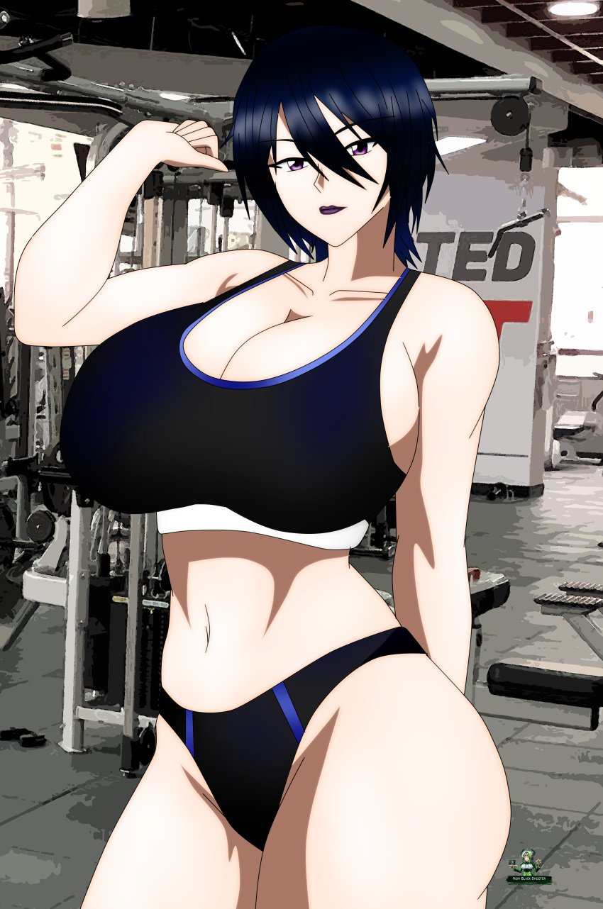 akinama_family_(noir-black-shooter) big_breasts dark_blue_hair gym huge_breasts milf naoki_akinama_(noir-black-shooter) noir-black-shooter oc original original_character purple_eyes short_hair sportswear