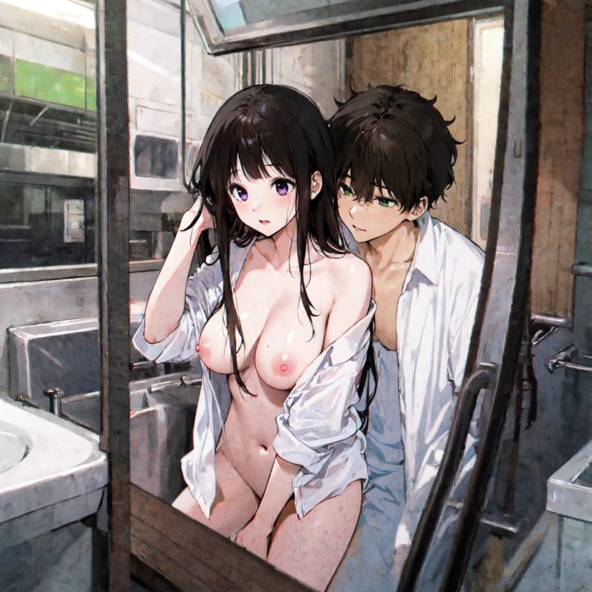 ai_generated black_hair blush breasts chitanda_eru embarrassed female hyouka male nipples oreki_houtarou purple_eyes shy stable_diffusion