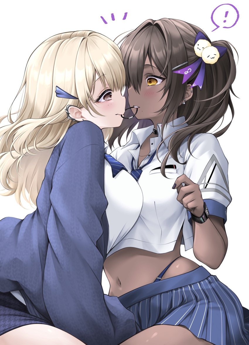 2girls absurdres blonde_hair blue_bow blue_bowtie blue_cardigan blue_necktie blue_skirt bow bowtie breasts brown_eyes brown_hair cardigan collared_shirt cropped_shirt dark-skinned_female dark_skin female goddess_of_victory:_nikke hair_tie_in_mouth highres large_breasts long_hair loose_necktie midriff mouth_hold naga_(nikke) navel necktie pinstripe_pattern pinstripe_skirt piyopiyomaru_(piyo8823) pleated_skirt shirt short_sleeves skirt striped striped_necktie tia_(nikke) twintails watch white_shirt wristwatch yuri