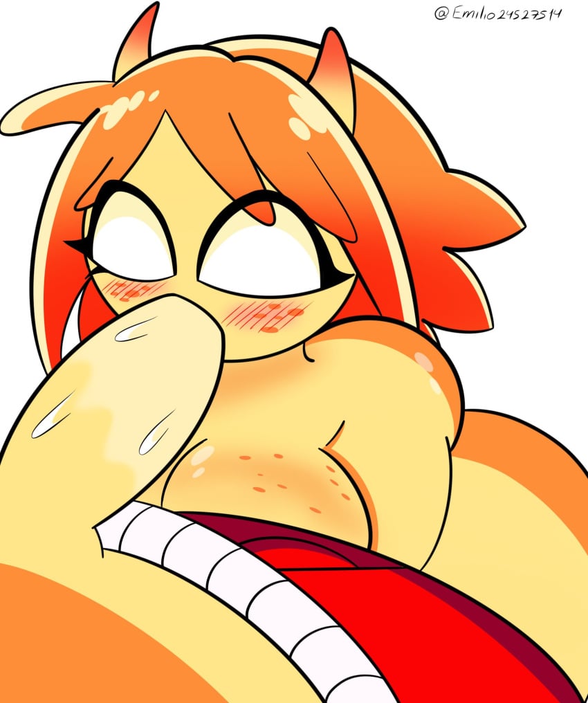 1boy 1girls blush blushing_female cock freckles freckles_on_breasts freckles_on_face horns large_breasts mango_quaver_(female) mango_quaver_(male) orange_hair original quavernsfw red_shorts sucking sucking_penis white_background white_eyes yellow_body yellow_penis