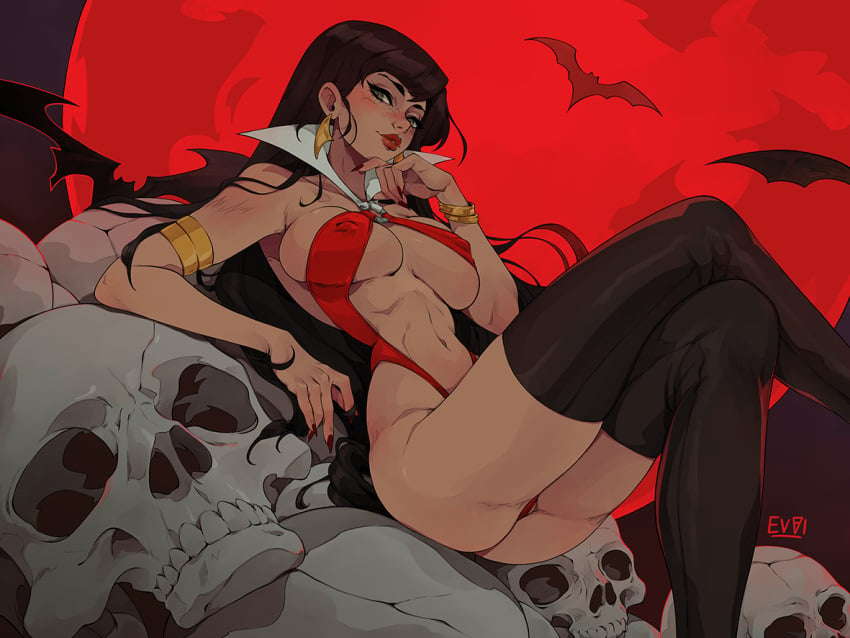 1girls 2023 bat black_hair black_thighhighs blush crossed_legs dynamite_comics earrings evviart female female_only halloween inner_sideboob long_hair looking_at_viewer nipple_bulge red_lips red_moon sideboob sitting skimpy skimpy_clothes skull solo thick_thighs thighhighs vampire vampirella