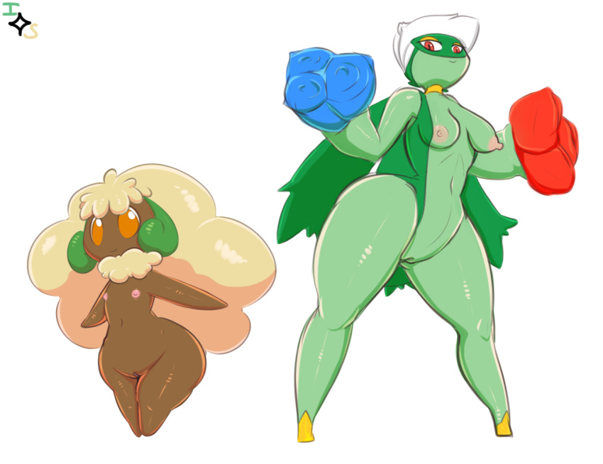 breasts cotton duo female flat_chested flora_fauna flower immortalstar nintendo nipples nude orange_eyes plant pokemon pokemorph pussy red_eyes roserade smile whimsicott wide_hips