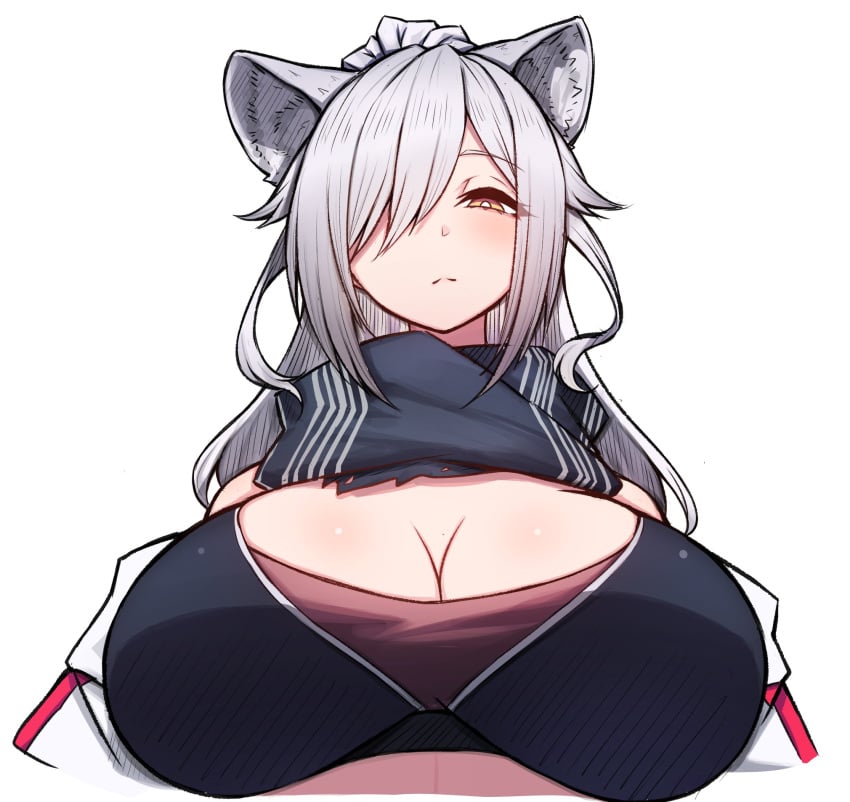 1girls animal_ear_fluff animal_ears arknights bare_shoulders big_breasts bikini bikini_top blush bra breasts busty cat_ears cat_girl cleavage closed_mouth clothed clothed_female collarbone curvaceous curvy emotionless enormous_breasts expressionless female female_focus female_only fluffy fluffy_ears giant_breasts gigantic_breasts grey_hair hair_covering_eye hair_over_one_eye half-closed_eye huge_breasts hyper_breasts large_breasts light-skinned_female light_skin long_hair long_sleeves looking_at_viewer looking_down massive_breasts ponytail rikuguma scarf schwarz_(arknights) seductive seductive_gaze seductive_look shiny_breasts shiny_clothes shiny_skin sidelocks simple_background solo solo_female tagme tight_clothing tight_fit upper_body voluptuous white_background yellow_eyes