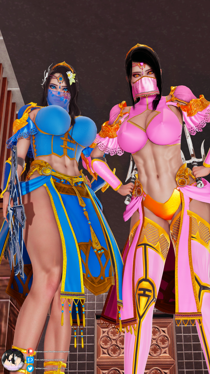 2girls 3d abs athletic athletic_female black_hair blue_eyes boots breasts clone clothed edenian fan flower flower_in_hair gold_(metal) honey_select honey_select_2 kitana kitana_(new_era) large_breasts long_hair looking_at_viewer mask mileena mileena_(new_era) mortal_kombat mortal_kombat_1_(2023) mortal_kombat_darkverse mouth_veil princess sai_(weapon) sharp_teeth sisters slit_pupils theobscureone thighhighs tiara veil