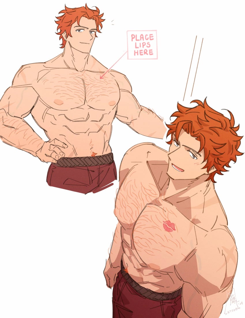 1boy abs absurdres alternate_muscle_size bara cropped_legs english_text fire_emblem fire_emblem:_three_houses foreshortening from_above hairy highres large_pectorals lipstick_mark looking_at_viewer male_focus male_only meme multiple_views muscular muscular_male navel navel_hair nipples orange_hair pectorals place_lips_here_(meme) post-timeskip satodee seductive_smile short_hair smile sparse_chest_hair stomach sylvain_jose_gautier thick_eyebrows topless_male