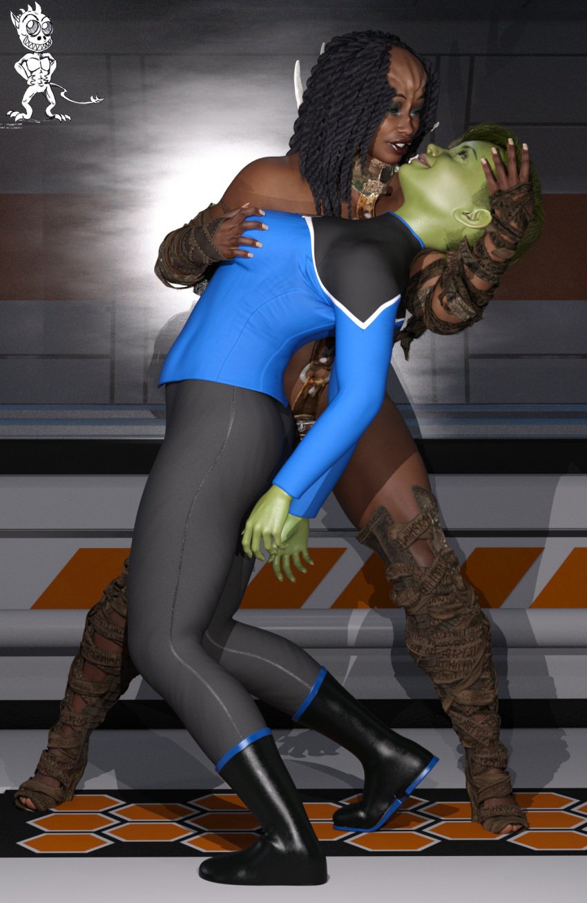 2girls 3d alien alien_girl bending_backwards black_hair boots breast_grab chup@cabra clothed d'vana_tendi dark-skinned_female dreadlocks female_only female_with_female forehead_ridges green-skinned_female green_skin klingon_(species) looking_at_each_other muscular_female orion_(species) star_trek star_trek_lower_decks tagme watermark