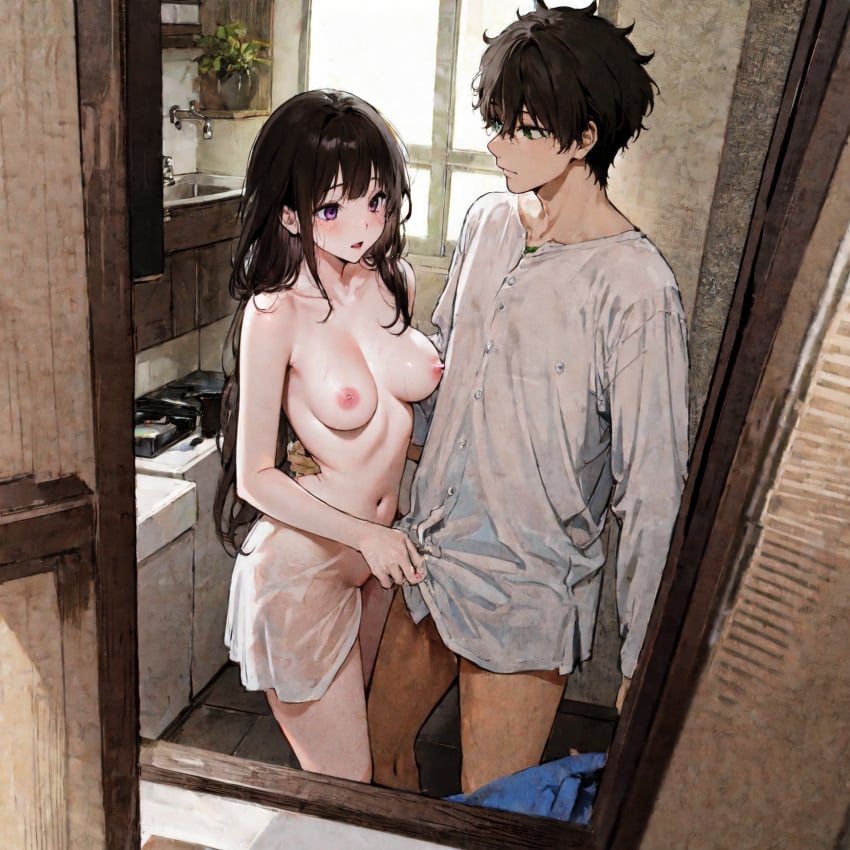 ai_generated black_hair blush breasts chitanda_eru embarrassed female hyouka male nipples oreki_houtarou purple_eyes shy stable_diffusion