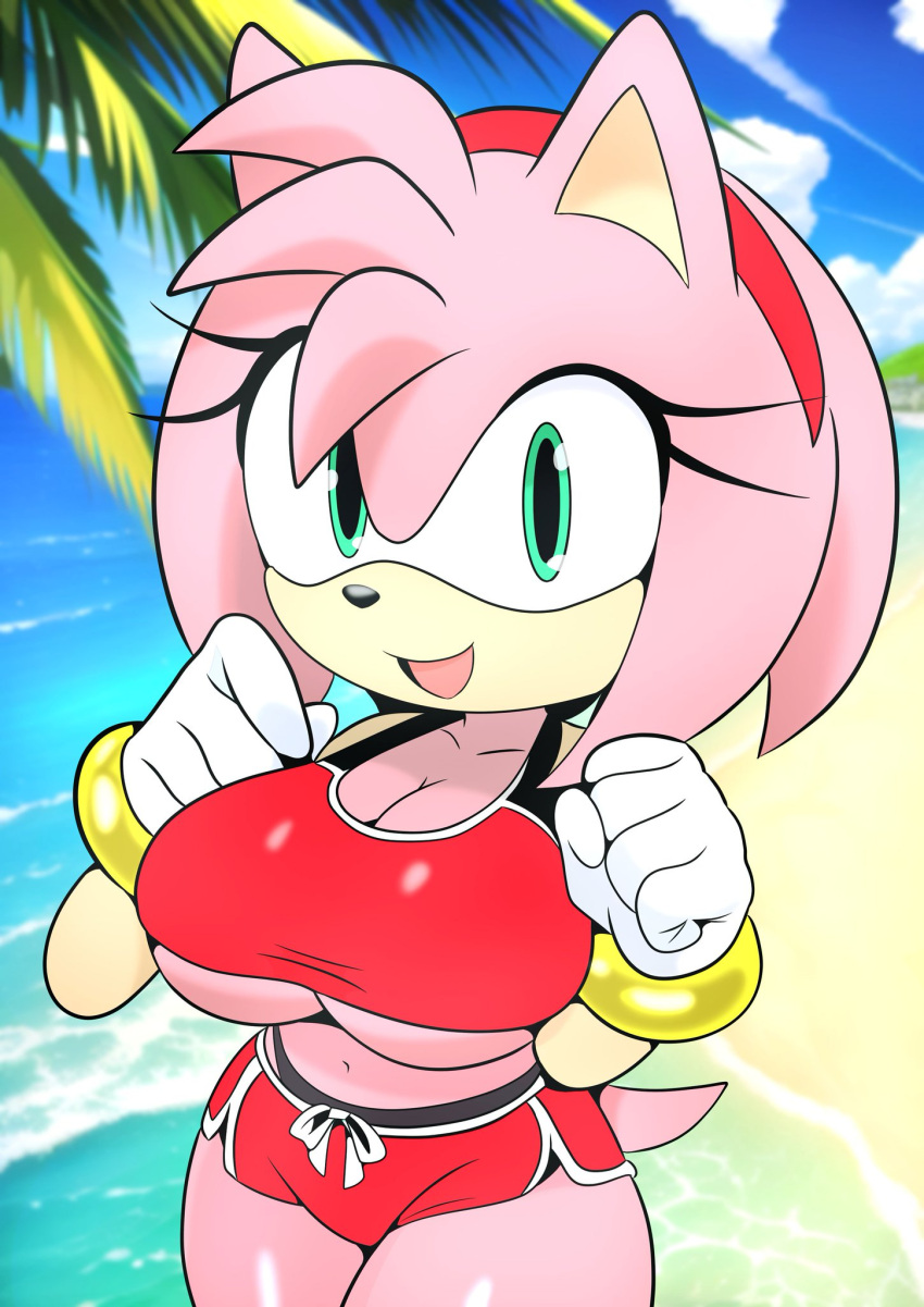 1girls amy_rose beach big_breasts crop_top female furry_funnychan looking_at_viewer ocean outside palm_tree sega shorts sonic_(series) sonic_the_hedgehog_(series) tagme underboob