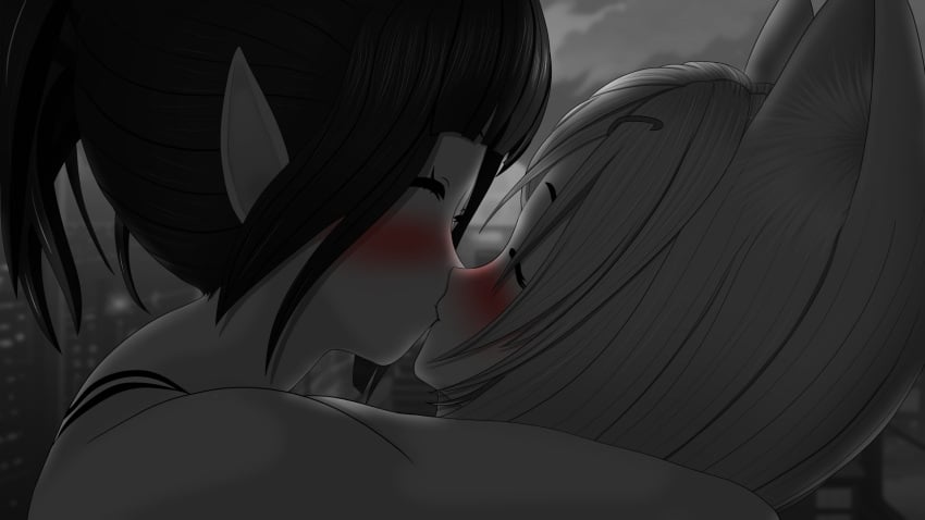 2girls animal_ears black_hair blush breasts closed_eyes comic couple face-to-face flyingcookie fox_ears fox_girl french_kiss full-face_blush greyscale kissing kitsune medium_hair monochrome multiple_girls night night_sky short_hair smile yuri