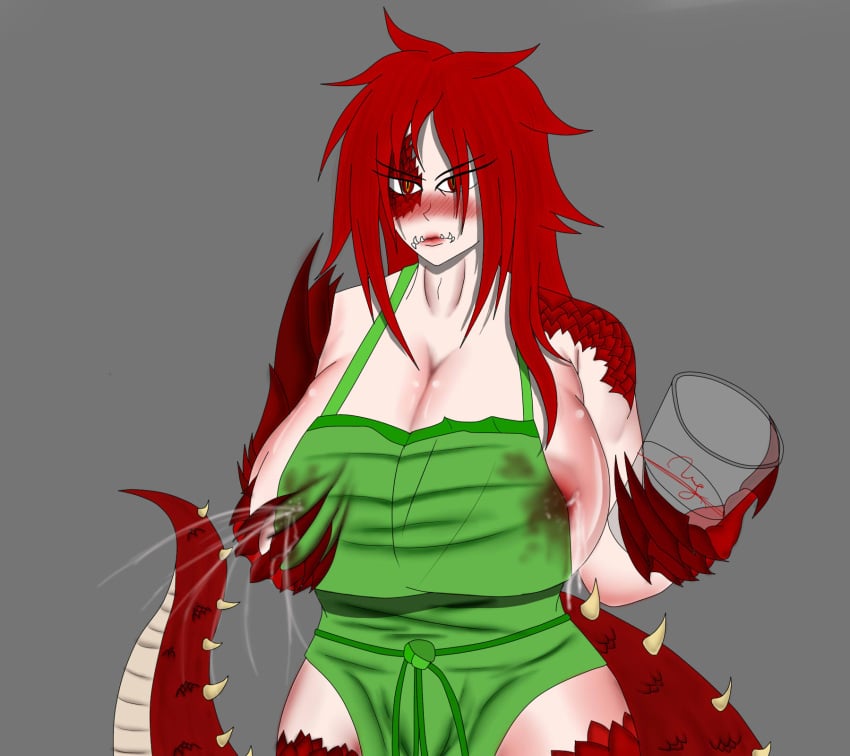 apron_only claws cleavage dragon dragon_girl fangs fangs_out green_apron holding_cup huge_breasts iced_latte_with_breast_milk lactation lactation_through_clothes lactation_without_expressing milk milk_squirt milking monster_girl nahuelconer naked_apron original red_body red_eyes red_hair red_tail scales scar spiked_tail standing tail_up