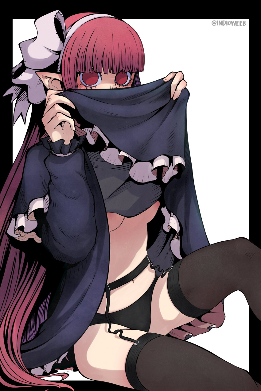 breasts disgaea dress dress_lift exposed_breasts garter_belt garter_straps indioweeaboo mage_(disgaea) nippon_ichi_software no_bra panties thighhighs