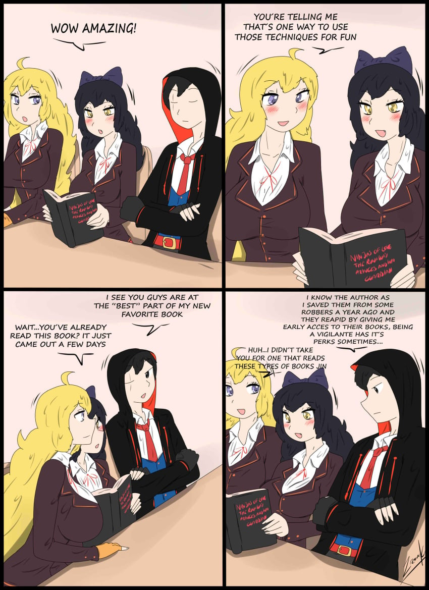 1boy 2girls black_hair black_hair_female blake_belladonna blonde_female blonde_hair bow clothed_male_clothed_female dialogue jin_satou long_hair long_hair_female original_character purple_eyes reading reading_book rwby scar_across_eye school_uniform yang_xiao_long yellow_eyes zronku