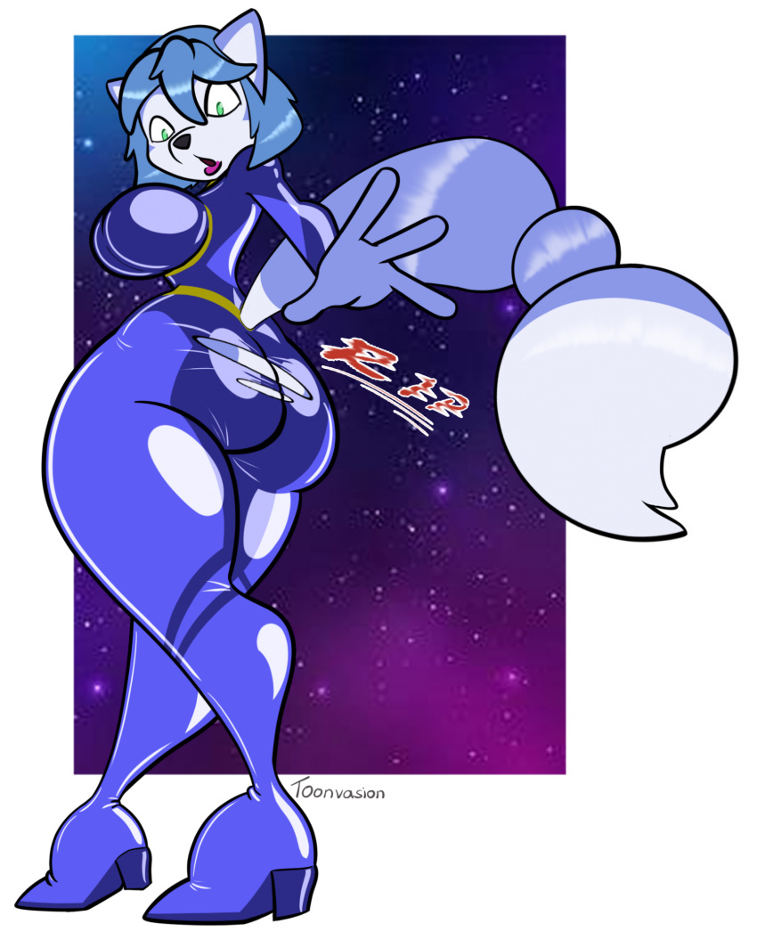 anthro big_breasts blue_body blue_fur blue_hair breasts canid canine female fox green_eyes krystal krystal_(assault_outfit) mammal nintendo open_mouth short_hair solo star_fox suit tail thick_thighs toonvasion torn_clothing white_body white_fur wide_hips