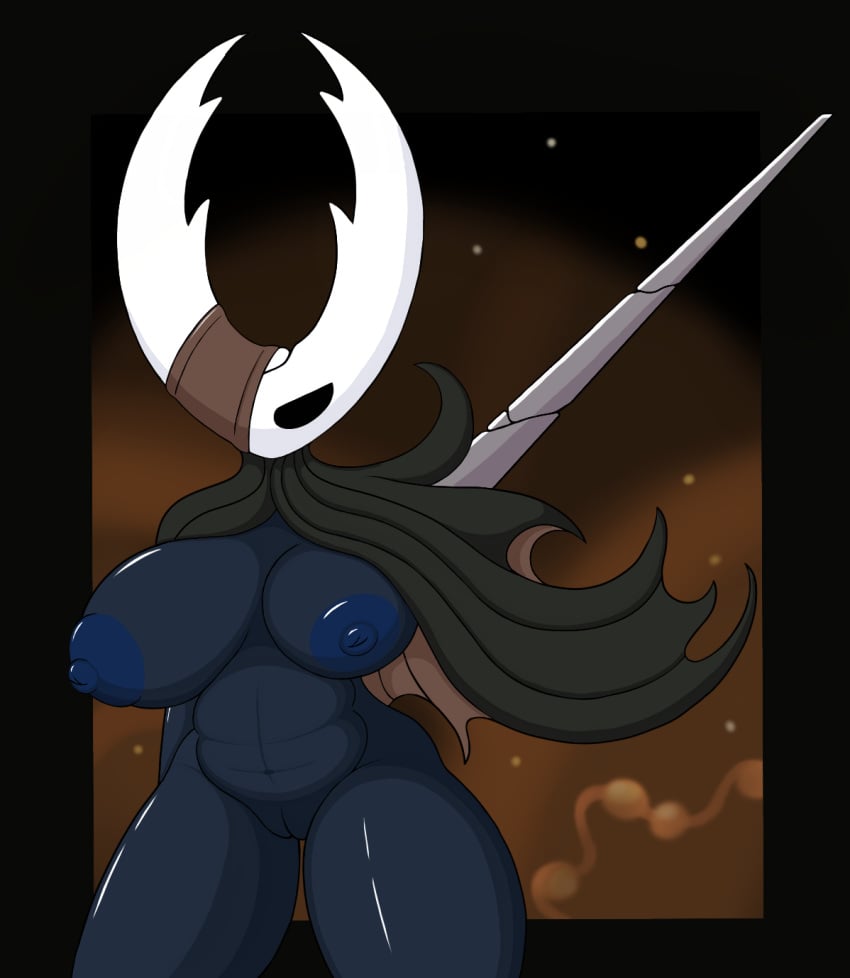 big_breasts black_body breasts cape cloak clothing female hand_behind_back hi_res hollow_knight hollow_knight_(character) horn humanoid nipples one_arm poraka7 rule_63 solo team_cherry vessel_(species) weapon