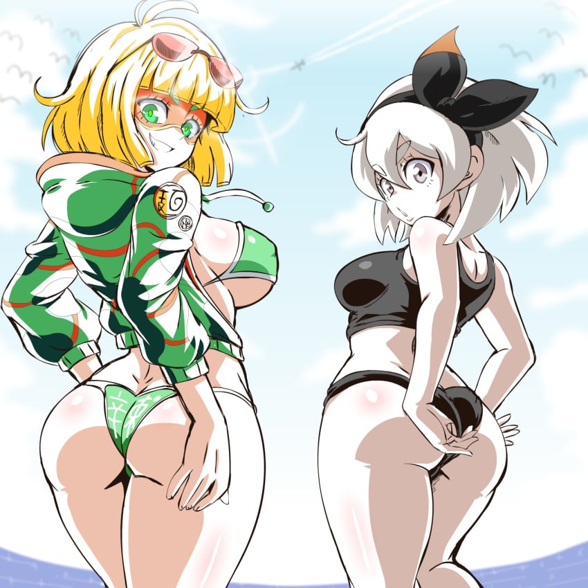 2girls arms_(game) ass bea_(pokemon) beach bikini crossover female large_breasts lewdamone looking_back min_min_(arms) nintendo pokemon pokemon_ss short_hair swimsuit