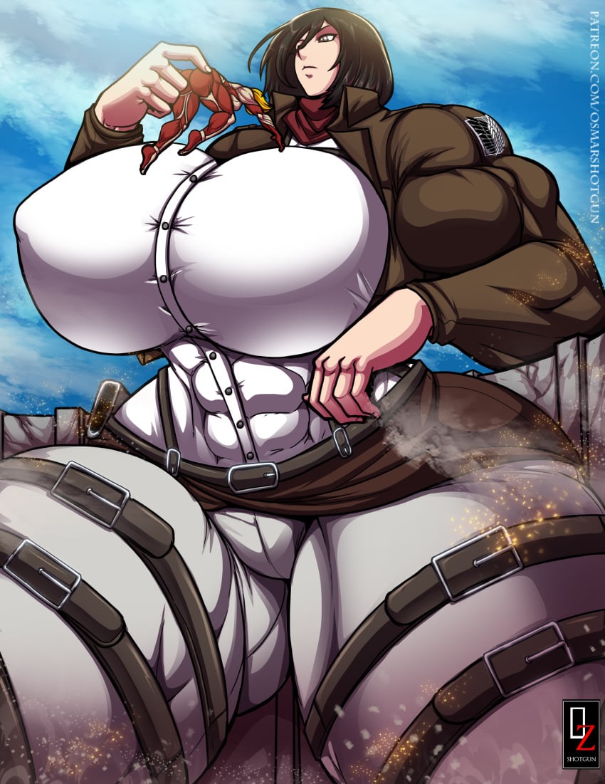 2girls absurd_res annie_leonhardt attack_on_titan blonde_hair button_down_shirt female_only female_titan giantess gigantic_breasts medium_hair mikasa_ackerman muscular_female osmar-shotgun skin_tight thick_thighs