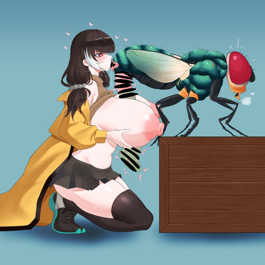 1girls 1insect areolae censor_bar censored character_request condom_on_penis dallim duo female female_focus fly half-dressed insectophilia insects large_breasts name_tag paizuri penis rimjob rimming stockings thick_thighs wide_hips x-ray zoophilia