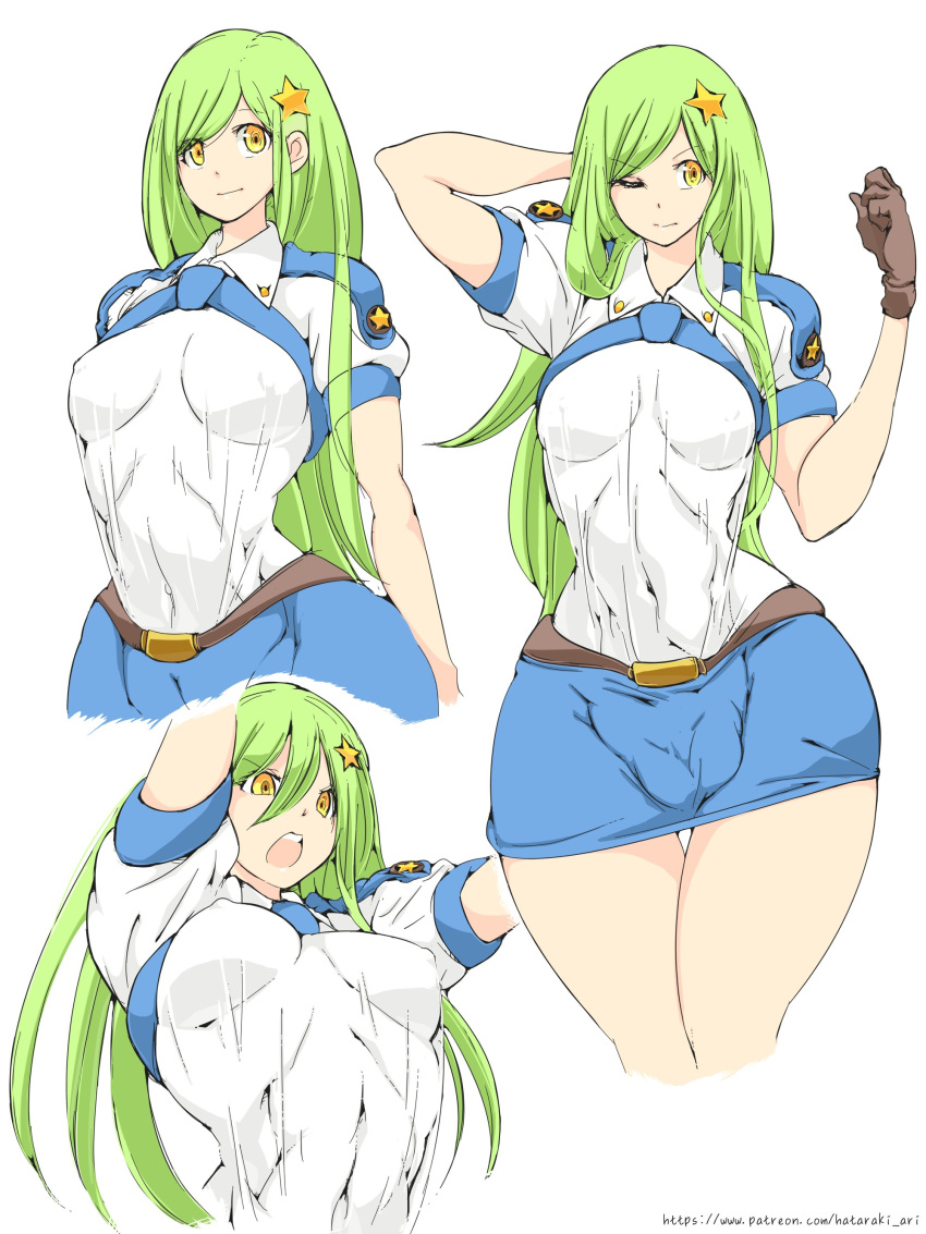 1futa breasts cop futa_only futanari green_hair hataraki_ari police police_officer police_uniform policewoman solo_futa tagme