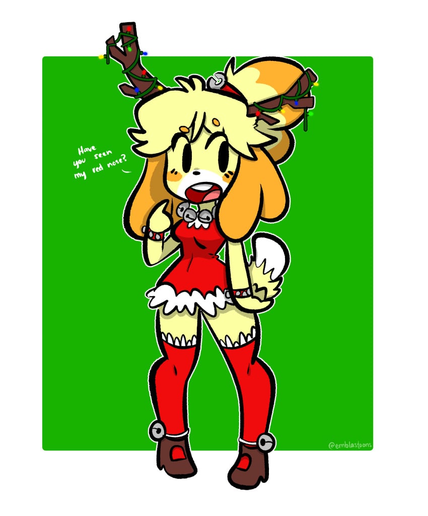 animal_crossing anthro bells cartoony christmas christmas_clothing christmas_outfit female_anthro isabelle_(animal_crossing) red_dress reindeer_antlers thigh_highs thighhighs yellow_fur