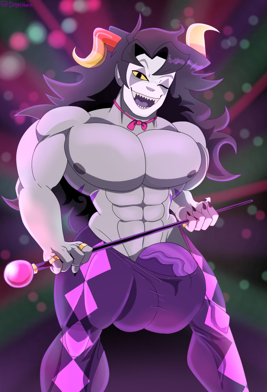 black_hair bulg bulge_through_clothing clown_makeup grey_skin hiveswap homestuck horndyng horns huge_breasts huge_cock huge_testicles marvus_xoloto ms_paint_adventures muscular_male troll