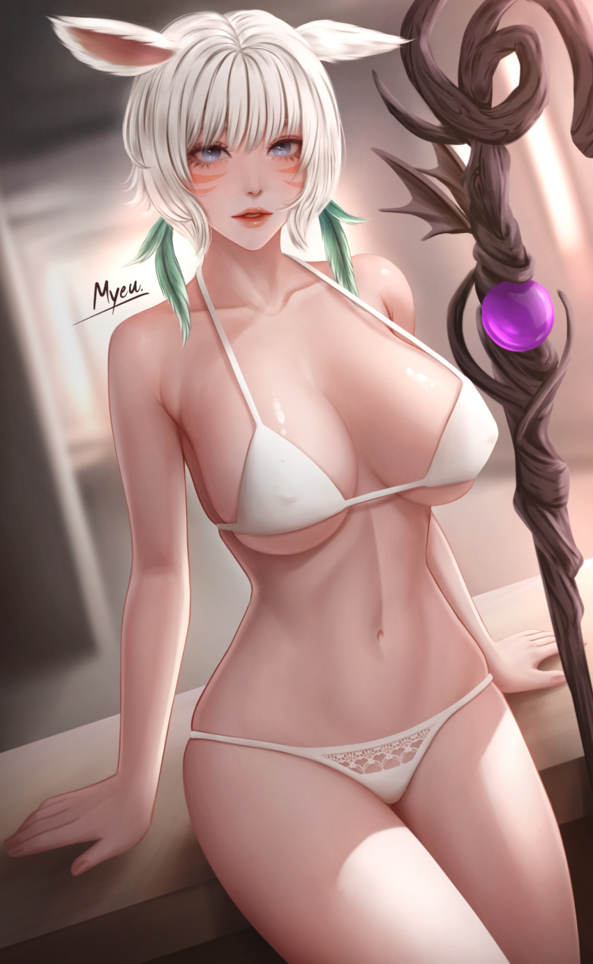 1girls absurd_res animal_ears artist_name big_breasts blue_eyes bra breasts covered_nipples female final_fantasy_xiv light-skinned_female light_skin looking_at_viewer miqo'te myeu navel panties short_hair sitting solo square_enix staff tattoo white_bra white_hair white_panties y'shtola