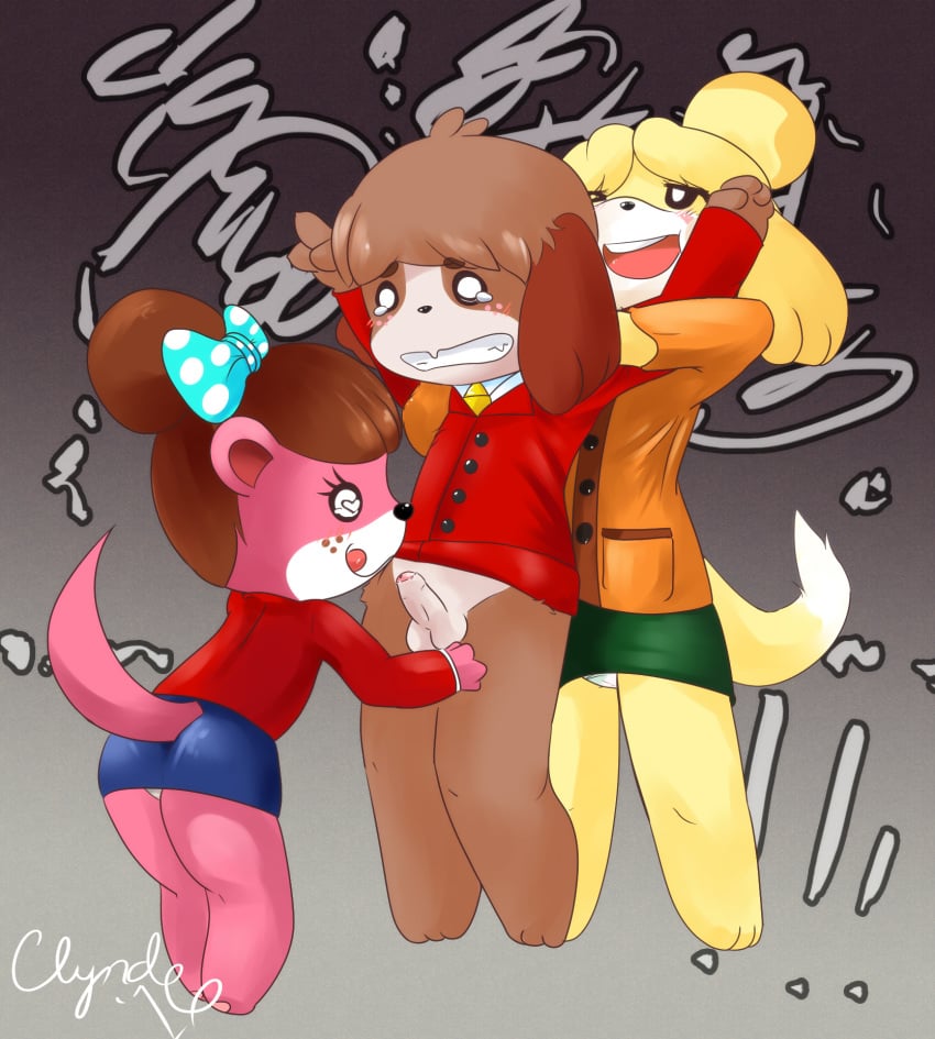 animal_crossing anthro balls barefoot blush bow brother canine clothed clothes clyndemoon cute digby_(animal_crossing) dog female femdom freckles fur group group_sex hair heart isabelle_(animal_crossing) jacket lottie_(animal_crossing) male mammal mustelid nintendo opposite_sex_twins otter penis sex sibling sister skirt smile straight threesome tongue twins uncut underwear video_games