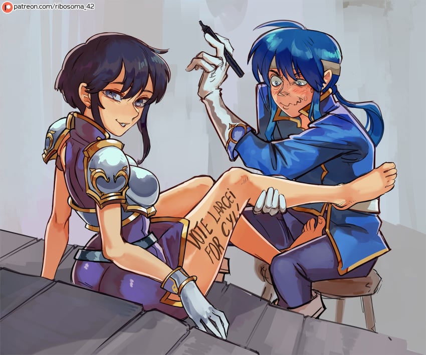 1boy 1girls armor ass bare_legs barefoot big_ass black_hair blue_hair blush body_writing breastplate commission feet female fire_emblem fire_emblem:_genealogy_of_the_holy_war fire_emblem_heroes full_body hand_on_another's_leg headband highres larcei_(fire_emblem) legs looking_at_another looking_at_viewer male nervous nervous_smile nervous_sweating nintendo ponytail purple_tunic ribosoma_42 seliph_(fire_emblem) short_hair sidelocks sitting smile smug sweat sweatdrop thighs tunic wavy_mouth white_headband writing_on_body writing_on_thigh