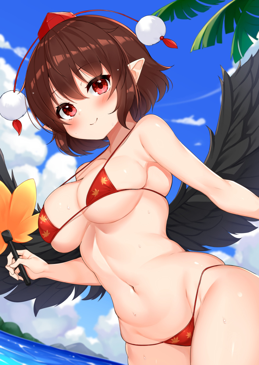 bikini bird_wings black_wings blue_sky blush breasts brown_hair cleavage closed_mouth cloud daichi_(tokoya) female groin hand_fan hat hauchiwa highres holding holding_fan large_breasts looking_at_viewer micro_bikini navel outdoors pointy_ears pom_pom_(clothes) red_bikini red_eyes red_headwear shameimaru_aya short_hair sky smile solo swimsuit tokin_hat touhou wings