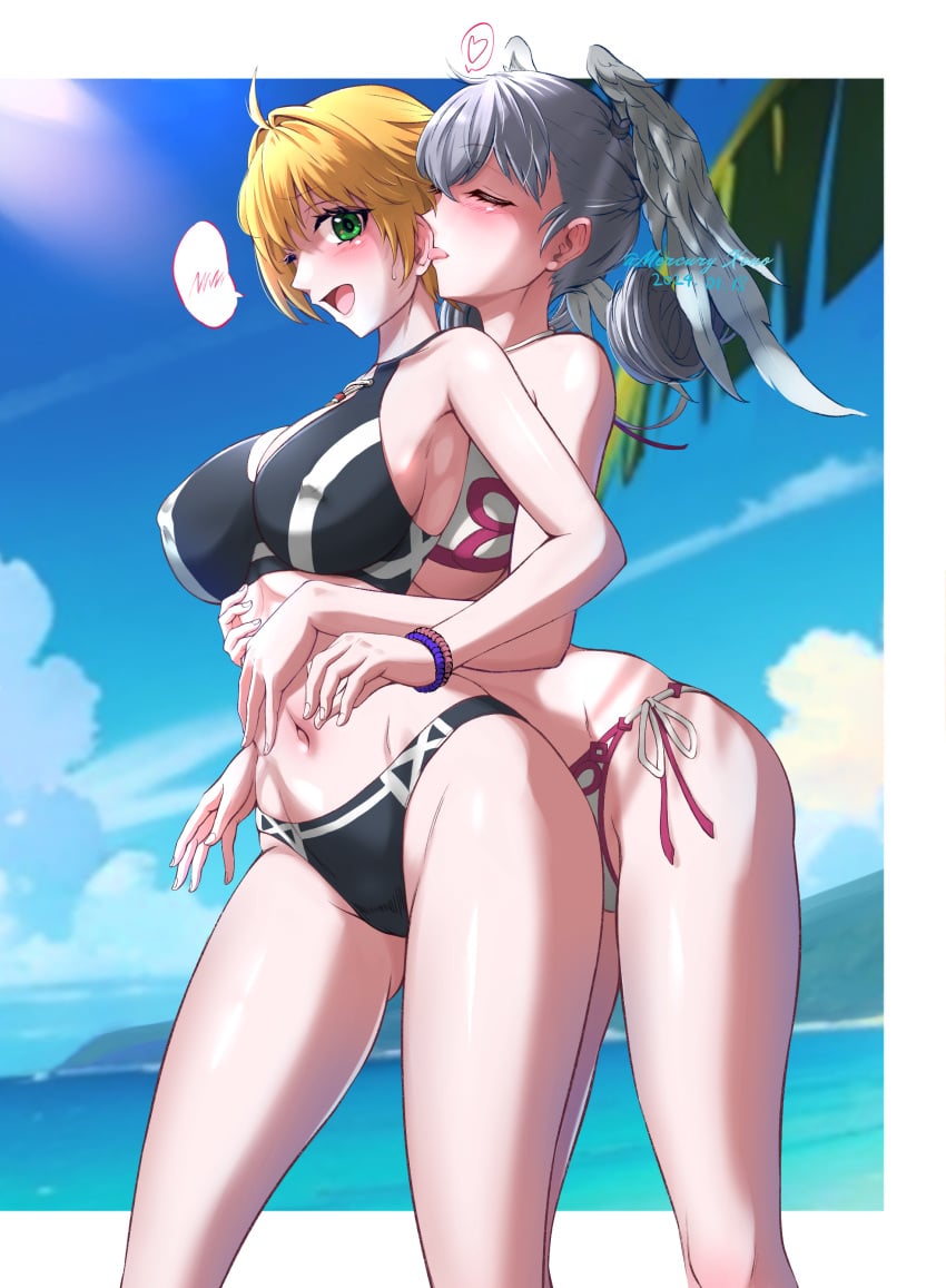 2girls absurd_res alternate_costume beach bikini black_bikini blonde_hair blue_hair blush breasts busty cleavage curvy dominant_female domination erect_nipples erect_nipples_under_bikini female female_only femdom femsub fiora_(xenoblade) green_eyes head_wings heart highres large_breasts lezdom lezsub licking medium_breasts melia_antiqua mercury_xeno midriff monolith_soft navel nintendo official_alternate_costume pink_bikini silver_hair slim_waist submissive submissive_female swimsuit_aside thick_thighs thighs voluptuous_female wide_hips wings wings_on_head xenoblade_(series) xenoblade_chronicles yuri