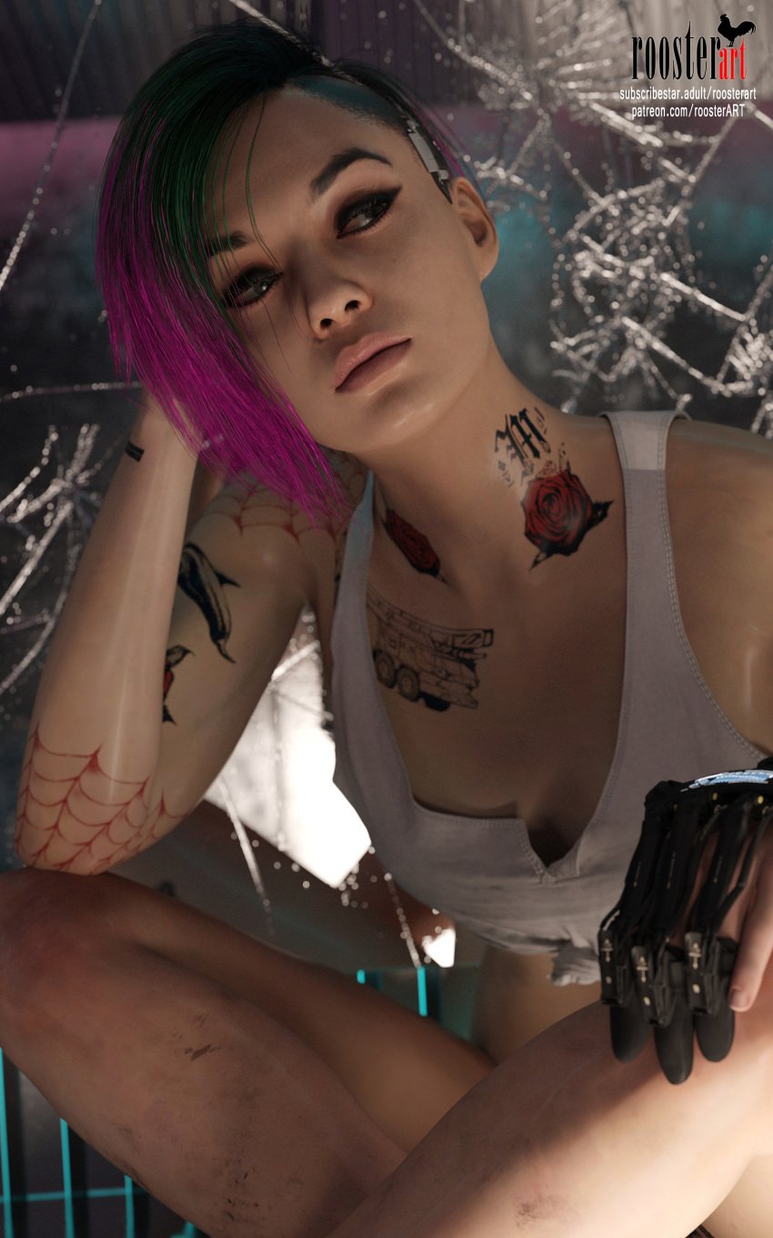 10:16 1girls 3d 3d_(artwork) arm_tattoo bathroom chest_tattoo cyberpunk cyberpunk_2077 dirty dirty_skin elbow female female female_focus indoors judy_alvarez light-skinned light-skinned_female light_skin looking_away makeup medium_hair mirror mirror_reflection multicolored_hair open_eyes patreon patreon_username roosterart shirt sitting solo solo_focus subscribestar subscribestar_username tattoo tattoos video_game video_game_character white_shirt