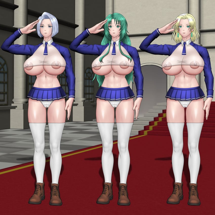 3girls amalda_(fire_emblem) aqua_hair areola_slip areolae ass_visible_through_thighs bare_thighs blonde_hair breasts cecilia_(fire_emblem) covered_nipples earrings expressionless female female_only femsub fetitaro23 fire_emblem fire_emblem:_the_binding_blade fire_emblem:_the_sacred_stones fire_emblem:_thracia_776 full_body green_eyes green_hair grey_eyes grey_hair huge_breasts long_hair long_sleeves medium_hair mind_control miniskirt multiple_girls multiple_subs nintendo panties pantyshot pantyshot_(standing) partially_visible_vulva revealing_clothes reverse_cowgirl_position salute see-through selena_(fire_emblem:_the_sacred_stones) shirt short_hair skirt slave standing thighhighs thighs underboob underwear upskirt very_long_hair white_panties