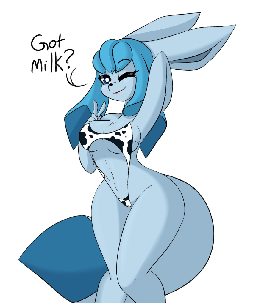 anthro anthrofied bangs big_breasts bikini black_nose blue_body blue_fur blue_hair breasts clothing eeveelution female fur generation_4_pokemon glaceon got_milk hair long_ears long_tail nintendo one_eye_closed pokemon pokemon_(species) seirva simple_background solo standing swimwear tail white_background wink