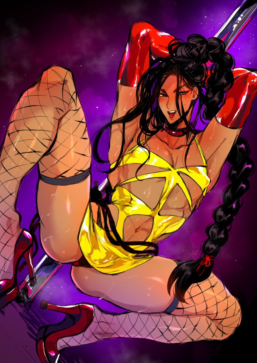 1boy black_hair black_panties blush choker collar crossdressing dark_skin femboy feminine_male fishnets flushed high_heels jamie_siu long_gloves manly_crossdresser muscular pole_dancing red_gloves red_heels skimpy_clothes squatting street_fighter street_fighter_6 stripper_pole thighhighs tied_hair yellow_dress