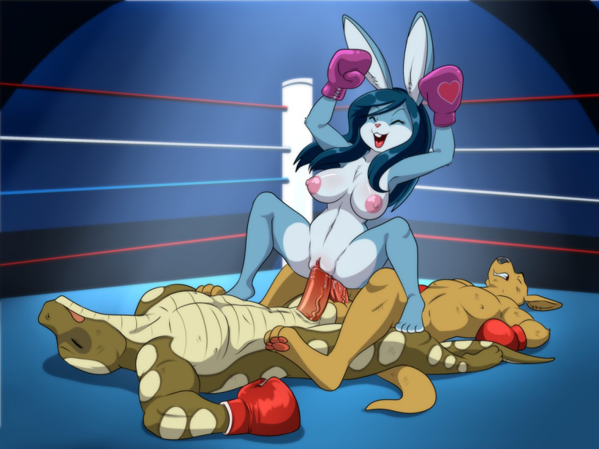 1girls 2015 2boys after_fight anal anal_sex anthro anthro_only balls black_nose blue_fur blue_hair boxing boxing_gloves boxing_ring breasts buckteeth clitoris closed_eyes clothes defeated detailed_background erection female femdom fighting_ring fur furry gloves group group_sex happy heart heart_boxing_gloves humanoid_penis jack kangaroo knocked_out lagomorph lizard lonbluewolf long_hair lying magenta_boxing_gloves magenta_gloves male mammal marsupial navel nipples nude open_mouth pawpads paws penetration penis pink_nose pussy pussy_juice rabbit red_boxing_gloves red_gloves reptile scalie sex sport straight summerbunny teeth threesome tongue tongue_out trio vaginal_penetration vein zavis