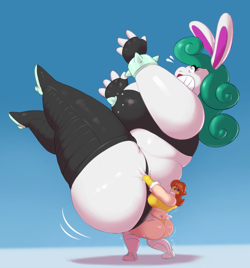 2023 2d 2d_(artwork) 2girls anthro ass big_ass big_breasts big_butt big_lips bigger_female blue_eyes bracelet bracelets breasts brown_hair butt_crack carrying carrying_another dat_ass fat fimif full_body green_hair holding holding_object huge_ass huge_breasts huge_butt large_ass long_hair madame_broode mario_(series) nintendo open_mouth orange_hair overweight overweight_female princess_daisy rabbit_ears rabbit_girl rabbit_humanoid red_lips red_lipstick shaking short_hair side_ass smaller_female super_mario_bros. super_mario_odyssey sweat sweatdrop sweating sweaty_body sweaty_breasts sweaty_butt sweaty_legs teeth_clenched teeth_showing teeth_visible white_fur white_skin wrestler wrestling wrestling_outfit