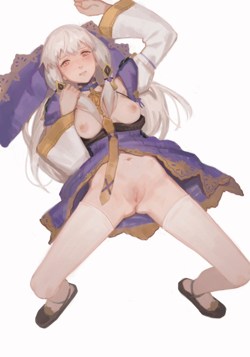 1girls blush breasts breasts_out clothed_female commission dress_lift female female_only fire_emblem fire_emblem:_three_houses little_girl lysithea_von_ordelia nintendo nipples petite petite_body petite_female pinup pussy shoes_on short_girl small_breasts solo stripped thighhighs toxic_(toxicv) uncensored white_background white_hair youjo