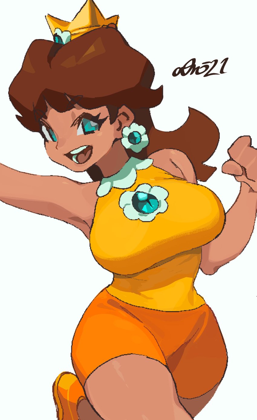 :d absurdres aqua_eyes armpits artist_name ass bike_shorts blue_eyes breasts brooch brown_hair clenched_hand commentary crown dark-skinned_female dark_skin dated earrings english_commentary female highres jewelry large_breasts long_hair looking_at_viewer mario_(series) mario_tennis open_mouth orange_footwear orange_shorts outline princess_daisy shoes shorts signature sleeveless smile sneakers solo standing standing_on_one_leg teeth tennis_daisy thick_thighs thighs tongue white_outline whoopsatro