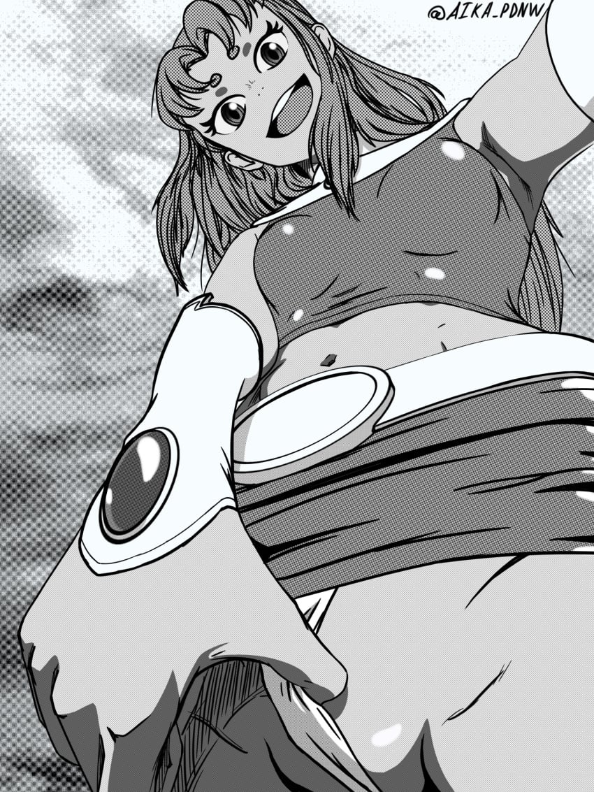 1girls aika_pdnw barely_visible_genitalia black_and_white breasts clothing dc female greyscale happy long_hair looking_at_viewer looking_down midriff navel open_smile panty_pull pulled_by_self skirt smile smiling_at_viewer solo standing starfire teen_titans