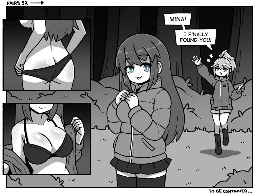 blue_eyes bra breasts comic english_text fairy female female_only inksgirls mina_(inksgirls) monochrome multiple_girls page_52 panties river_(inksgirls) shrinking skirt spot_color tagme to_be_continued