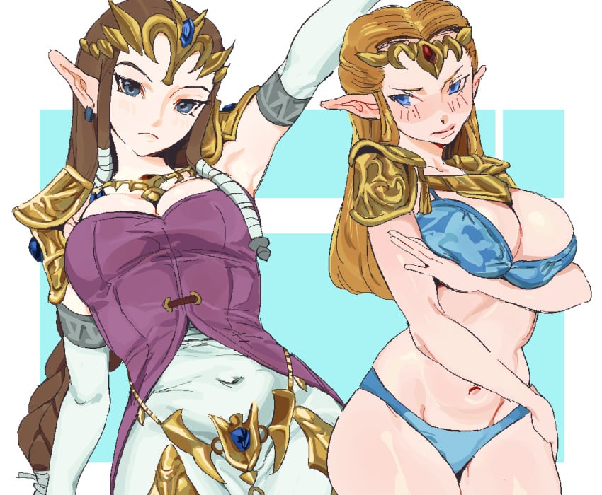 2girls big_breasts big_thighs blue_bra blue_eyes blue_lingerie blue_panties bra braided_hair breasts brown_hair cleavage crown curvy dress duo elbow_gloves female female_only ginger_hair gloves light-skinned_female light_skin lingerie lips long_hair looking_at_viewer nintendo ocarina_of_time pale-skinned_female pale_skin panties pointy_ears princess_zelda shoulder_pads simple_background square_crossover the_legend_of_zelda thick thick_hips thick_thighs thighs tiara twilight_princess whoopsatro wide_hips zelda_(ocarina_of_time) zelda_(twilight_princess)