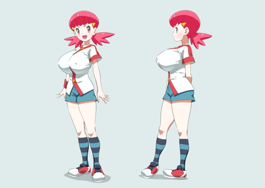 alternate_breast_size breasts female hair_ornament hairclip highres ika_daishogun jacket large_breasts md5_mismatch medium_hair pink_hair pokemon pokemon_hgss shoes short_shorts short_sleeves shorts socks solo twintails white_jacket whitney_(pokemon)