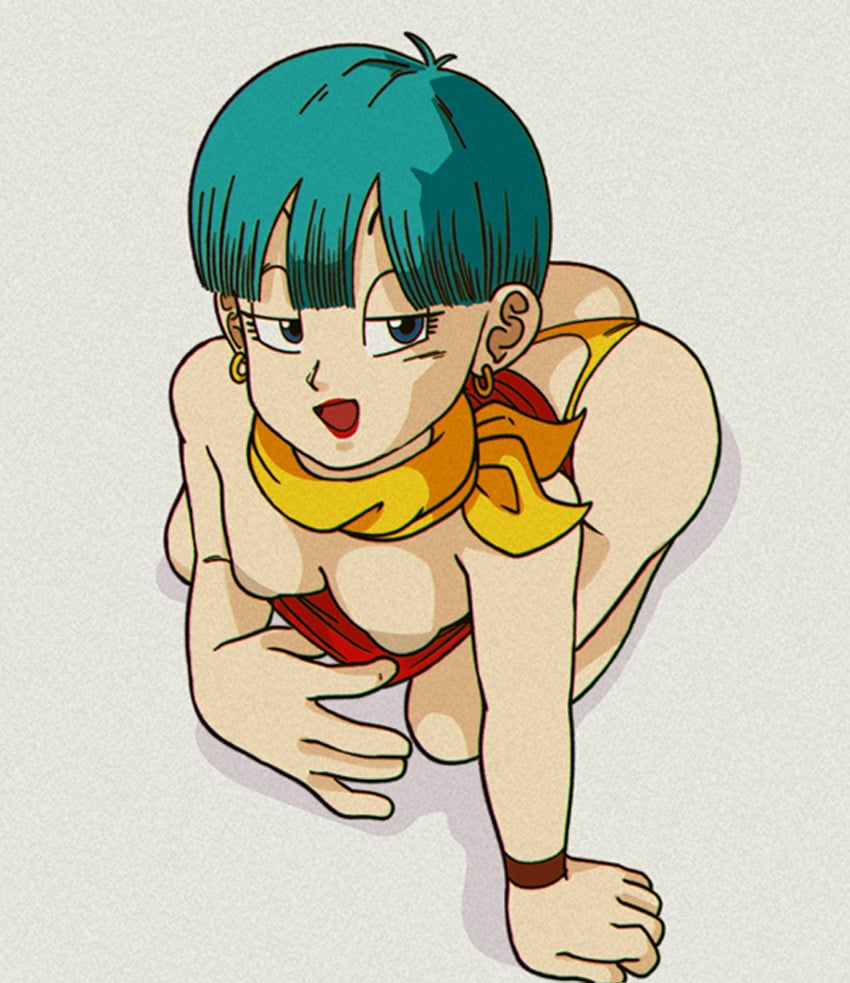 ass bandana bandana_on_neck blue_eyes blue_hair breasts bulma_briefs bulma_briefs_(majin_buu_saga) dragon_ball dragon_ball_z earrings hexanne inviting kneeling milf pulling_shirt revealing_breasts seductive_look short_hair showing_breasts solo tagme thong