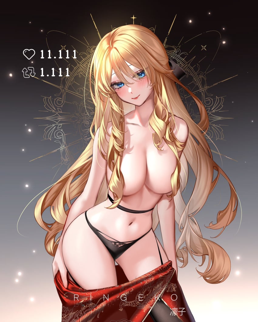 1girls absurd_res absurdres bare_arms bare_breasts bare_chest bare_midriff bare_shoulders bare_skin bare_thighs belly belly_button black_panties black_underwear blonde blonde_female blonde_hair blonde_hair_female blue_eyes blue_eyes_female blush blush_lines blushing boobs breasts cleavage collarbone dot_nose female female_focus female_only fingers gradient_background groin hair_between_eyes head_tilt high_resolution highres hourglass_figure large_breasts light-skinned_female light_skin lips long_hair looking_at_viewer medium_breasts naked naked_female navel navia_(genshin_impact) nude nude_female panties ringeko_chan shoulders simple_background slender_body slender_waist slim_girl slim_waist smile smiling solo standing thick_thighs thighs thin_waist tilted_head topless underwear undressing upper_body very_long_hair wavy_hair wide_hips