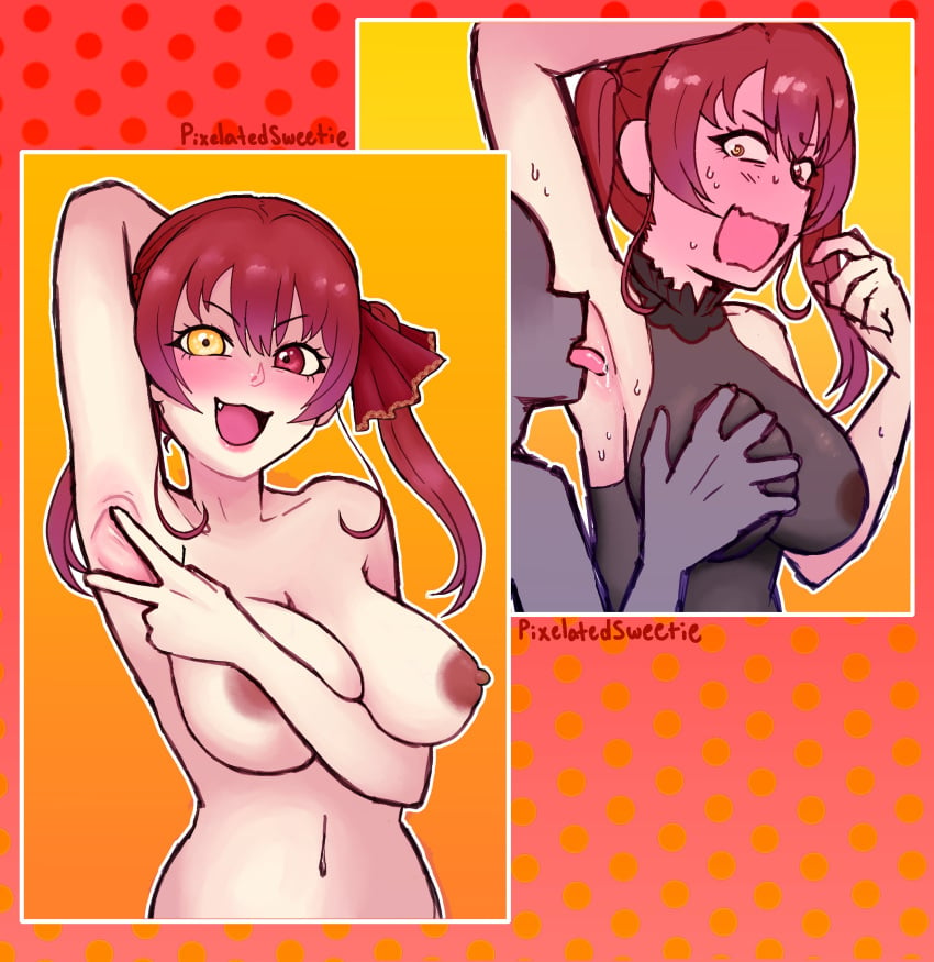 anonymous_male armpits blush embarrassed female_focus grabbing_breasts heterochromia hololive hololive_fantasy hololive_japan houshou_marine licking_armpit naked oerba_yun_fang pixelatedsweet see-through_clothing spreading_armpit sweat virtual_youtuber