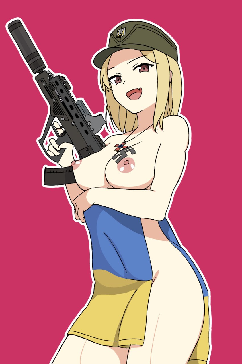 azov azov_chan blonde_female blonde_hair breasts female firearm gun kotorigaka marichka military national_personification nazi nude russo-ukrainian_war slavic suppressor ukraine ukrainian ukrainian_flag ukrainian_girl uncensored weapon