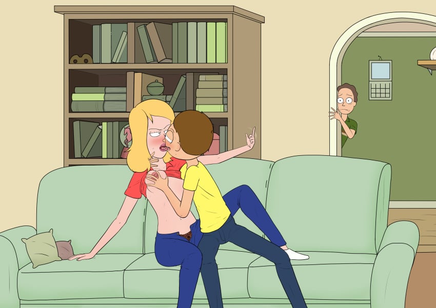 adult_swim areolae beth_smith blonde_hair blush breasts_grab brown_hair color diklonius female french_kissing hi_res huge_breasts incest jerry_smith kissing male mature_female milf morty_smith mother_and_son older_woman_and_younger_boy rick_and_morty sofa