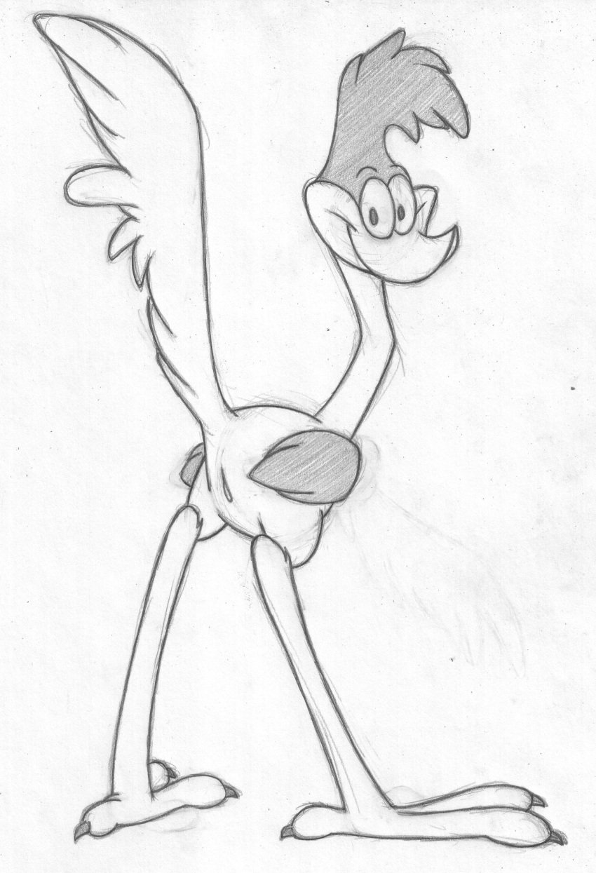 ambiguous_gender animal_genitalia avian bird cloaca feral greyscale looking_at_viewer looking_back mizzyam monochrome pencil_(artwork) rear_view road_runner_(looney_tunes) roadrunner smile soft_feathers standing traditional_media_(artwork)