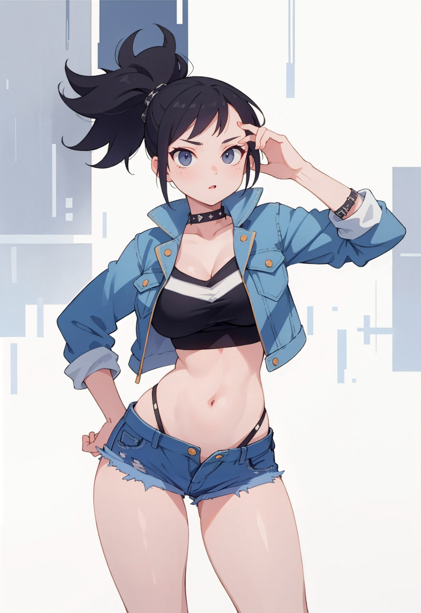 ai_generated big_breasts big_breasts black_hair blue_eyes breasts cleavage collar croptop denim denim_clothing denim_jacket denim_shorts jacket jorgecarlosai long_hair ponytail posing punk punk_girl shorts thong thong_straps unbuttoned unbuttoned_shorts