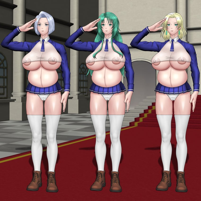 3girls amalda_(fire_emblem) aqua_hair areola_slip areolae ass_visible_through_thighs bare_thighs blonde_hair breasts cecilia_(fire_emblem) covered_nipples earrings expressionless female female_only femsub fetitaro23 fire_emblem fire_emblem:_the_binding_blade fire_emblem:_the_sacred_stones fire_emblem:_thracia_776 full_body gigantic_breasts green_eyes green_hair grey_eyes grey_hair huge_breasts long_hair long_sleeves medium_hair mind_control miniskirt multiple_girls multiple_subs nintendo panties pantyshot pantyshot_(standing) partially_visible_vulva pregnant revealing_clothes reverse_cowgirl_position salute see-through selena_(fire_emblem:_the_sacred_stones) shirt short_hair skirt slave standing thighhighs thighs underboob underwear upskirt very_long_hair white_panties