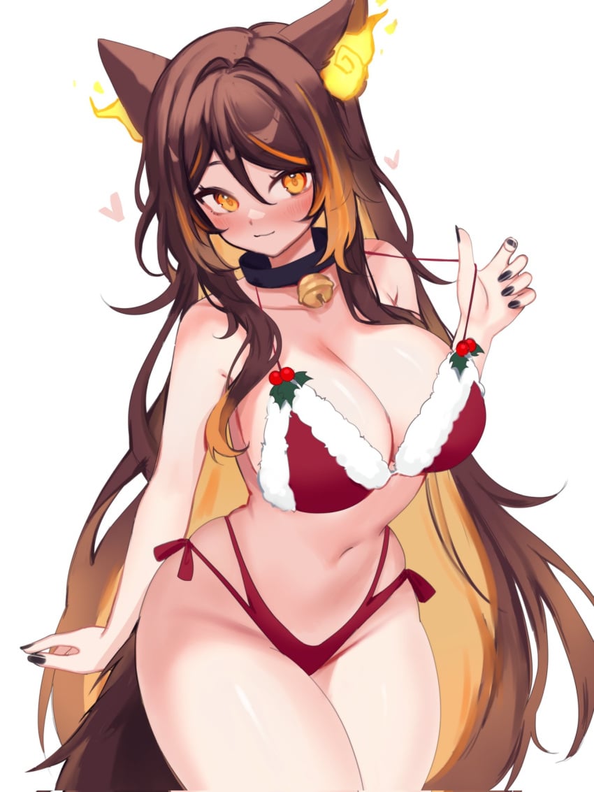 1girls animal_ears bikini_pull blush blushing breasts brown_hair christmas christmas_bikini christmas_outfit collar female female_only fire hearts holly_(plant) humanoid indie_virtual_youtuber insane_garuda kemonomimi kitsune kitsunemimi long_hair looking_at_viewer no_visible_genitalia sinder_(vtuber) solo two_tone_hair virtual_youtuber vtuber yellow_eyes